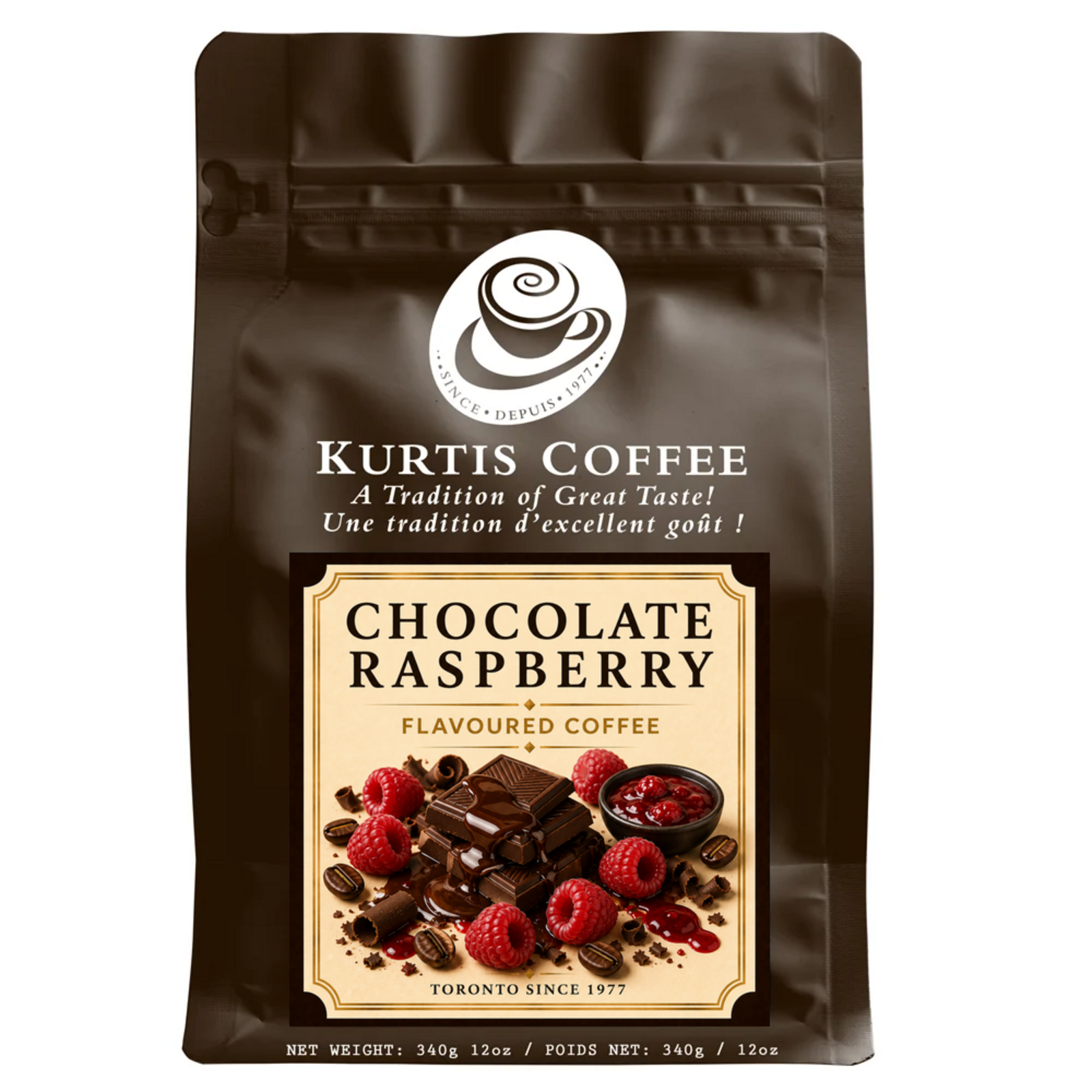 Kurtis Coffee Chocolate Raspberry flavoured coffee 340g brown bag