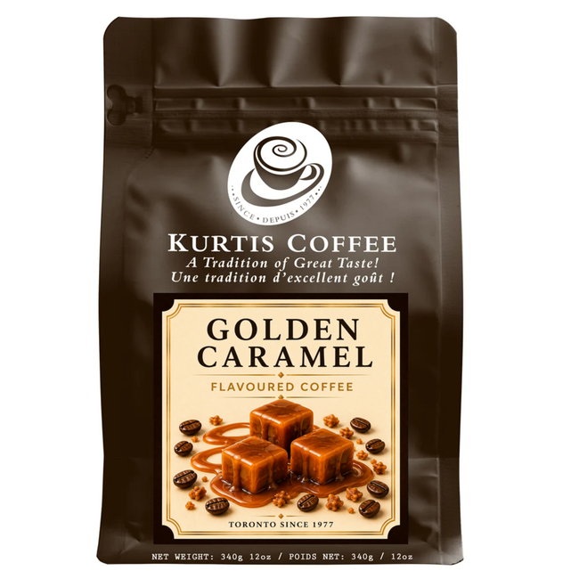 Kurtis Coffee Golden Caramel flavoured coffee 340g brown bag