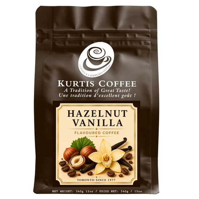Kurtis Coffee Hazelnut Vanilla flavoured coffee 340g brown bag