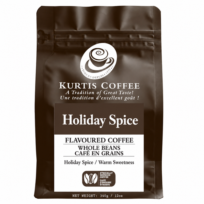 Kurtis Coffee Holiday Spice flavoured coffee 340g brown bag mockup
