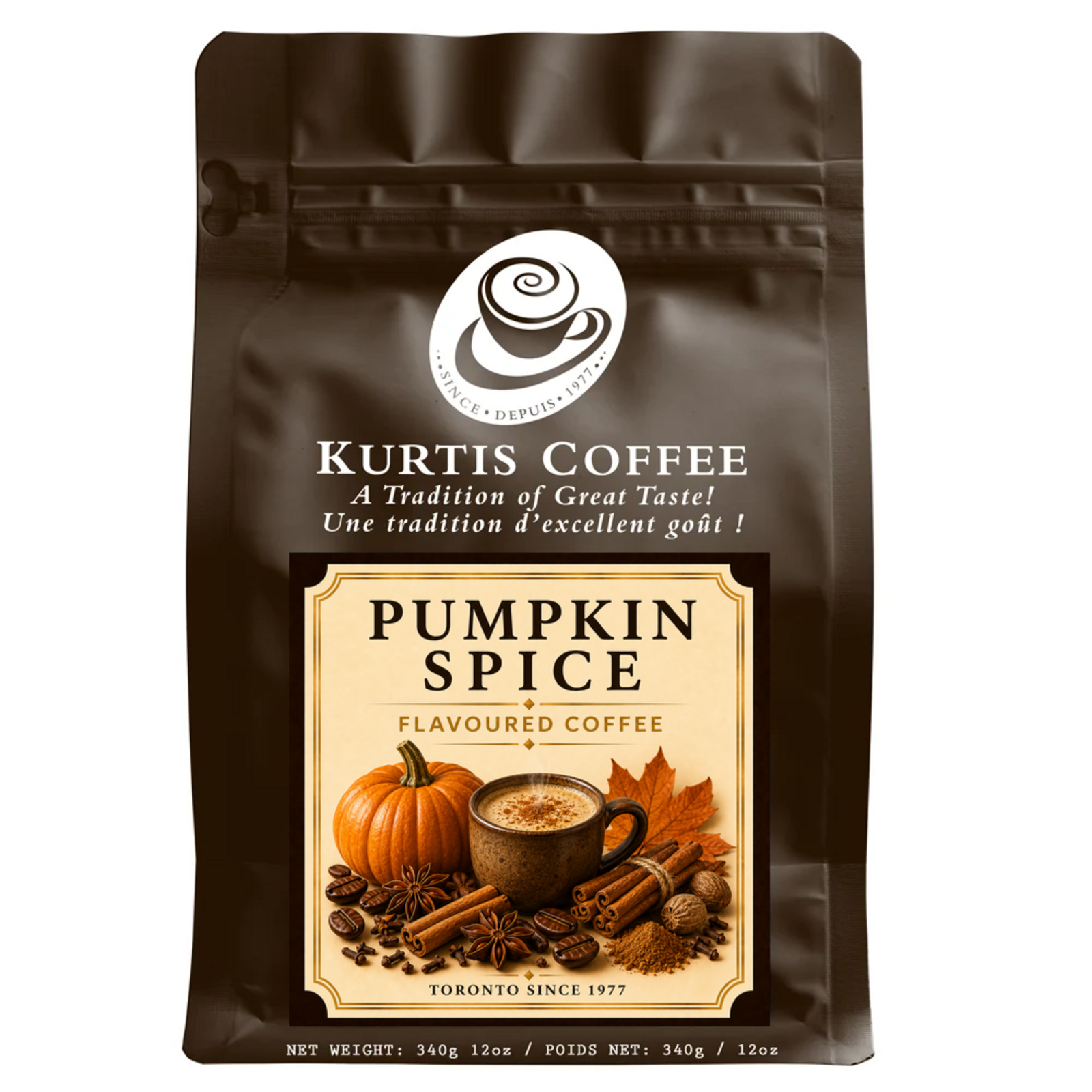 Kurtis Coffee Pumpkin Spice flavoured coffee 340g brown bag