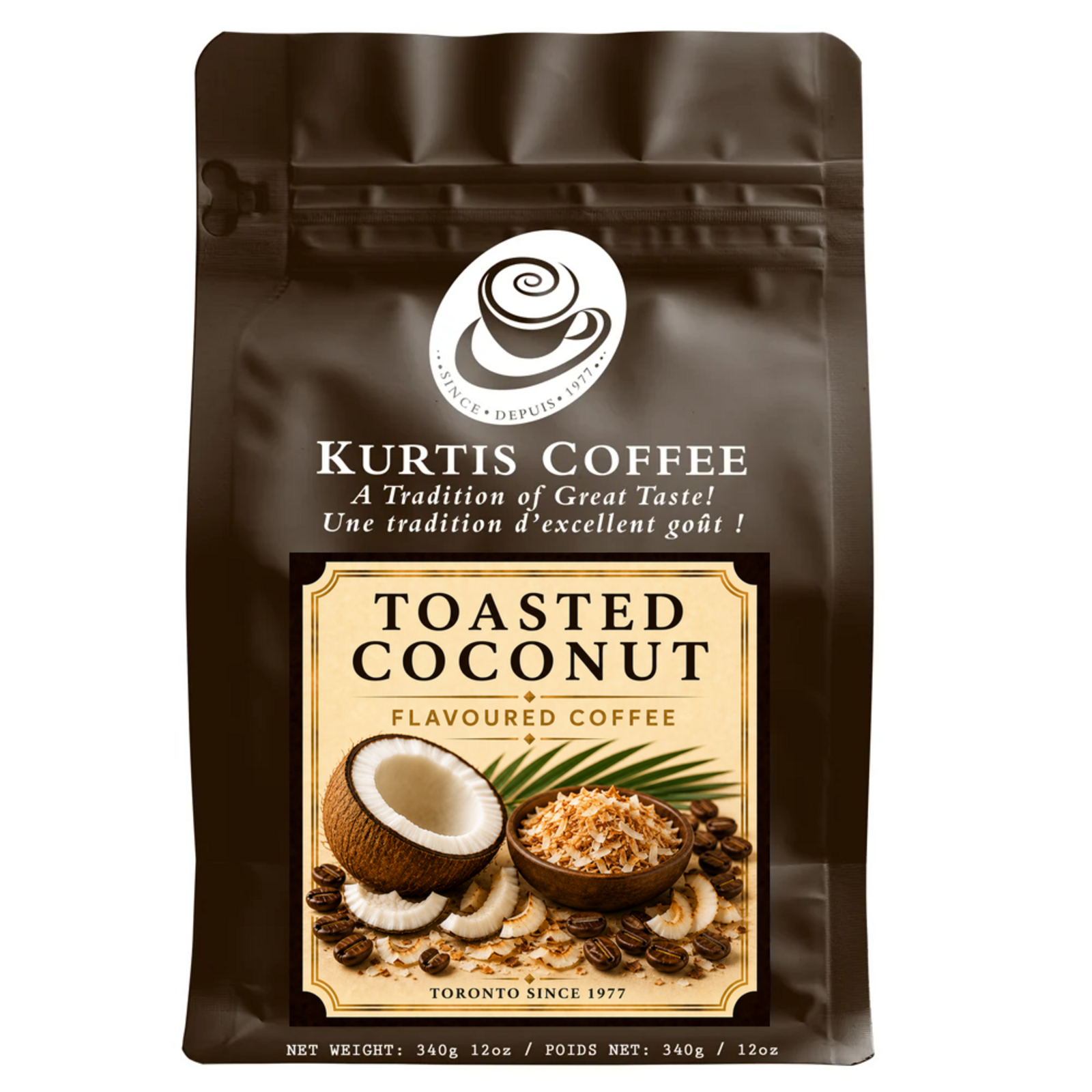 Kurtis Coffee Toasted Coconut flavoured coffee 340g brown bag